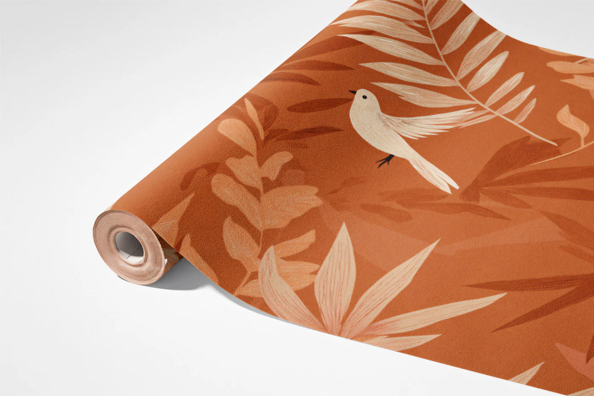 Terracotta Botanical Bird Mural Wallpaper — Artistic Nature Print Mural Wallpaper - room preview 03