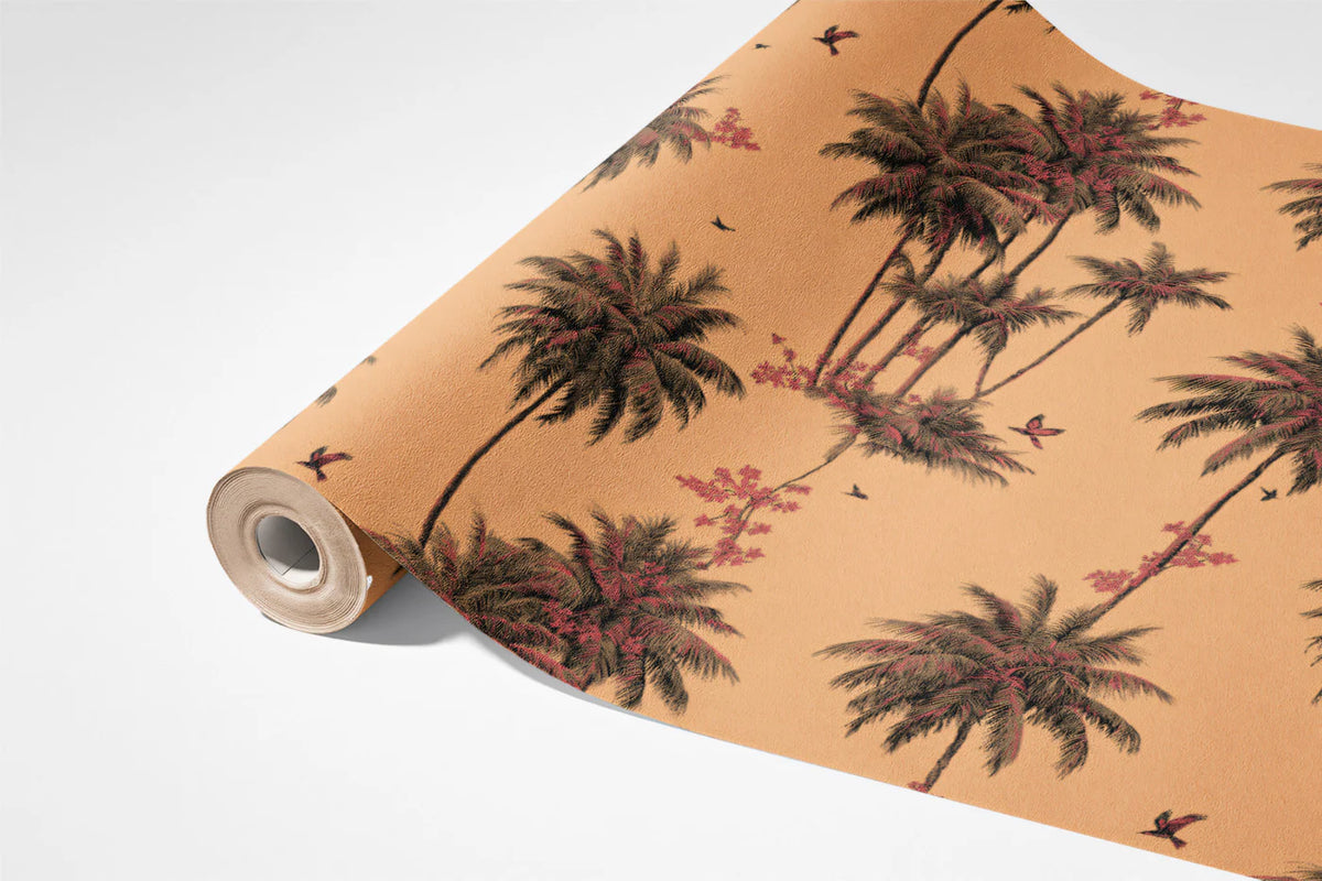 Vintage Palm Tree Mural Wallpaper — Soft Peach Tropical Print Mural Wallpaper - room preview 03