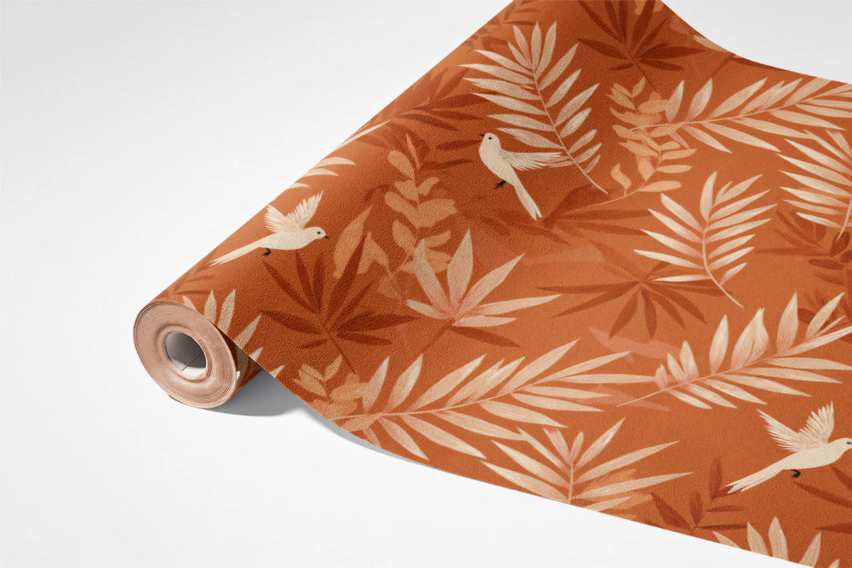 Small-Scale Tropical Bird Mural Wallpaper — Warm Terracotta Print Mural Wallpaper - room preview 03