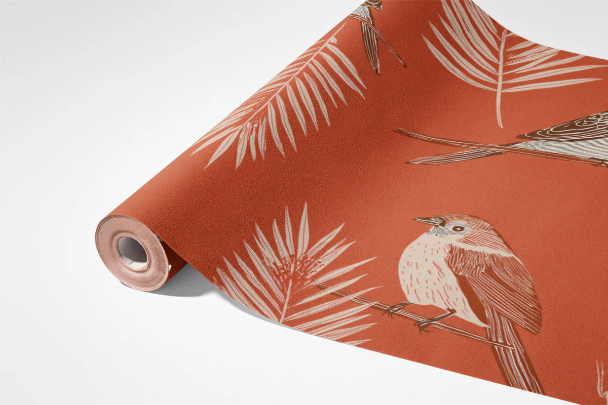Rustic Bird and Botanical Mural Wallpaper — Warm Terracotta Mural Wallpaper - room preview 03