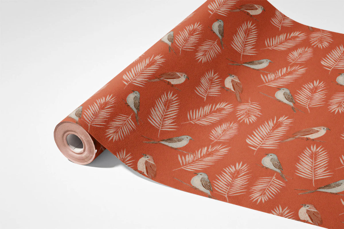 Terracotta Botanical Bird Mural Wallpaper — Classic Small-Scale Print Mural Wallpaper - room preview 03