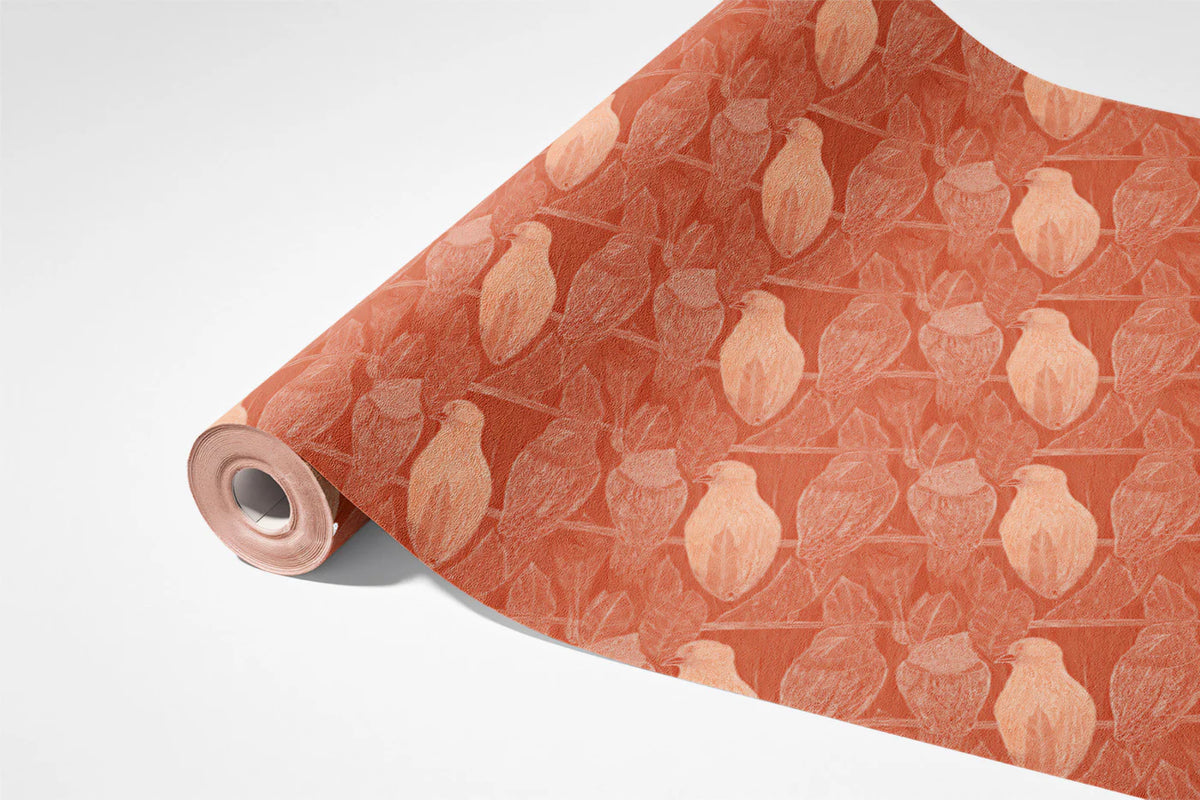 Stylized Bird Mural Wallpaper — Terracotta Botanical Pattern Mural Wallpaper - room preview 03