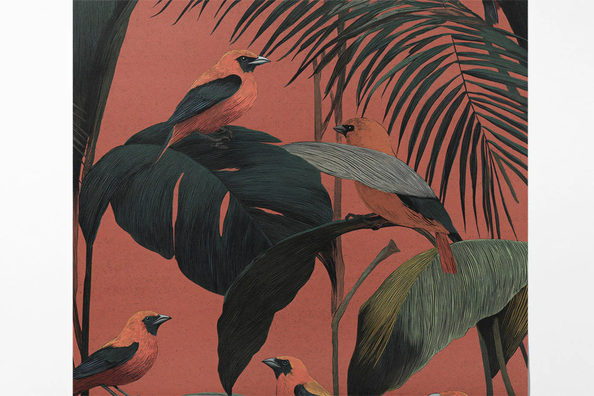 Tropical Bird and Palm Frond Mural Wallpaper in Terracotta Mural Wallpaper - room preview 03