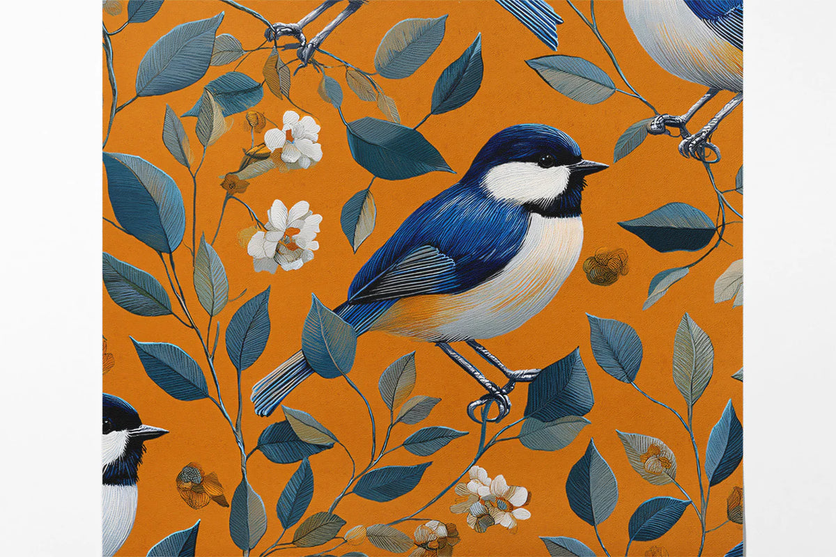 Blue Songbird Mural Wallpaper — Vintage Mustard Floral Print Mural Wallpaper - room preview 03