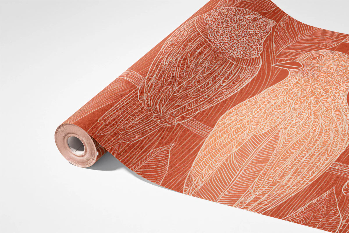 Stylized Bird and Feather Mural Wallpaper — Warm Terracotta Print Mural Wallpaper - room preview 03