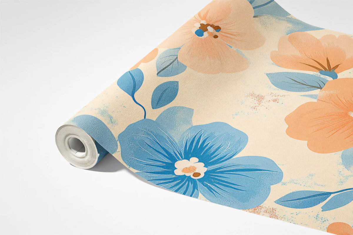 Peach and Blue Floral Mural Wallpaper — Soft Painterly Bloom Mural Wallpaper - room preview 03
