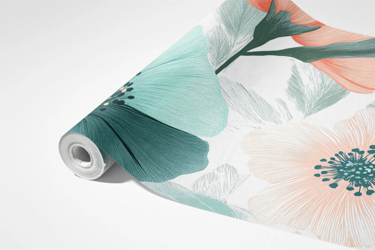Teal and Peach Floral Mural Wallpaper — Painterly Botanical Design Mural Wallpaper - room preview 03