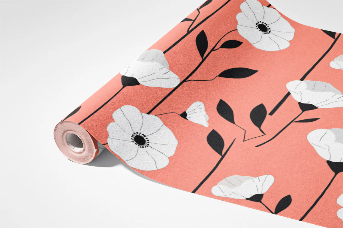 Graphic Floral Mural Wallpaper in Coral and Black Mural Wallpaper - room preview 03
