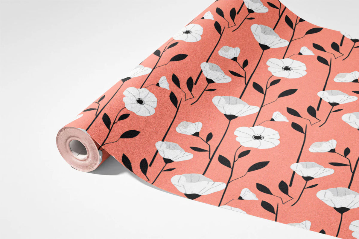 Graphic Poppy Floral Mural Wallpaper — Modern Coral and Black Print Mural Wallpaper - room preview 03