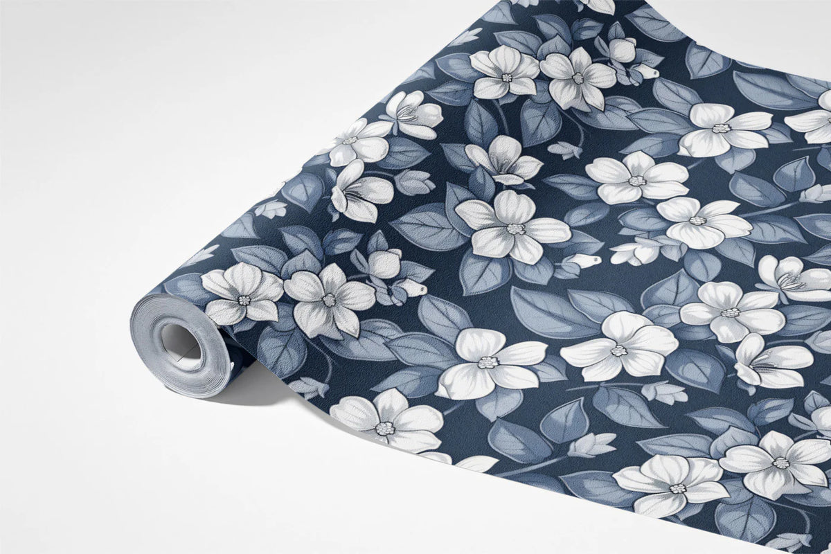 Indigo Floral Mural Wallpaper — Traditional Botanical Print Mural Wallpaper - room preview 03