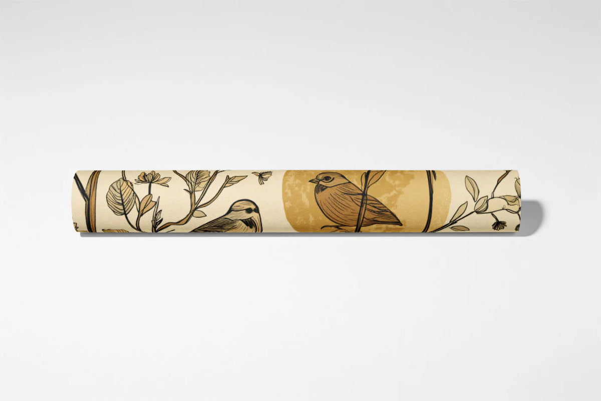 Sketchy Botanical Bird Mural Wallpaper in Earthy Ochre Tones Mural Wallpaper - room preview 03