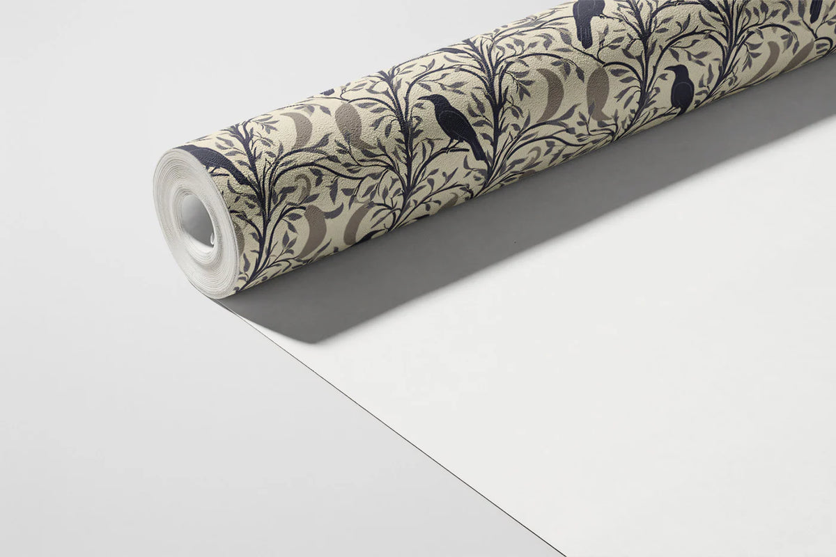 Folkloric Bird and Branch Mural Wallpaper — Dark Academia Style Mural Wallpaper - room preview 03