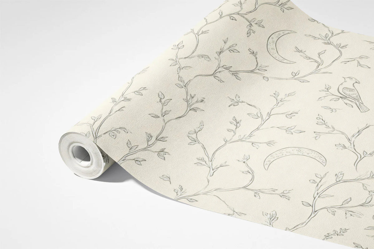 Crescent Moon and Perched Bird Mural Wallpaper — Line Art Design Mural Wallpaper - room preview 03