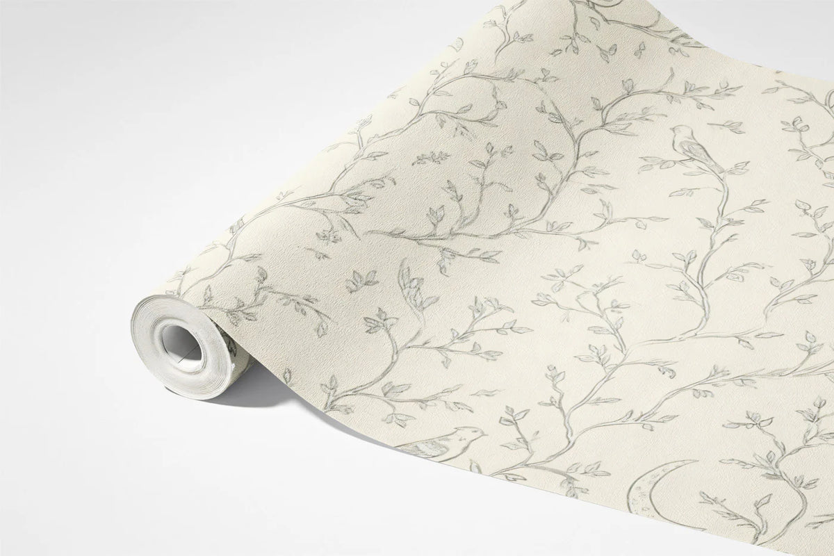 Crescent Moon and Bird Branch Mural Wallpaper — Cream and Charcoal Mural Wallpaper - room preview 03