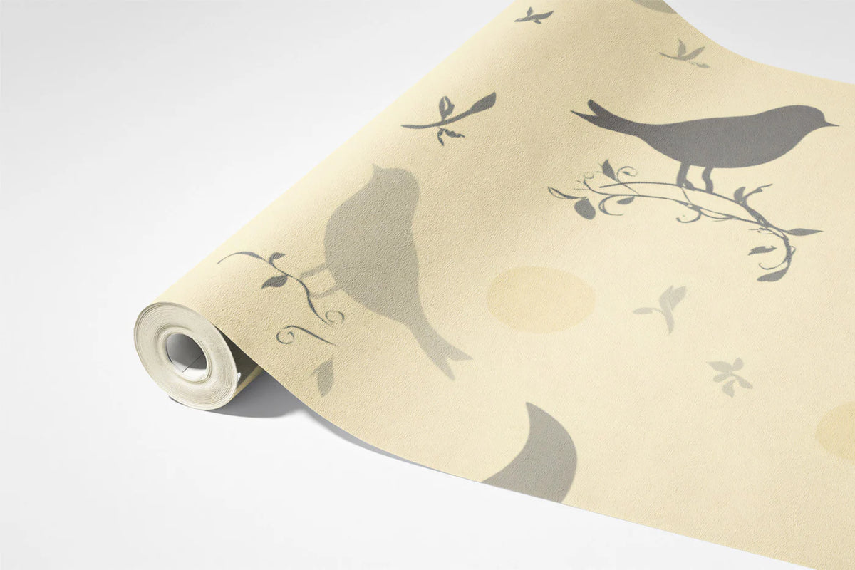 Stylized Bird and Crescent Moon Mural Wallpaper — Soft Cream Mural Wallpaper - room preview 03