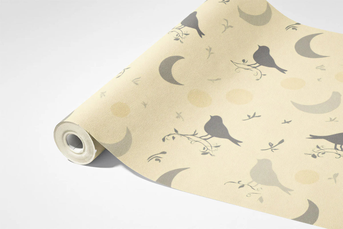 Birds and Moons Mural Wallpaper — Soft Yellow Graphic Design Mural Wallpaper - room preview 03