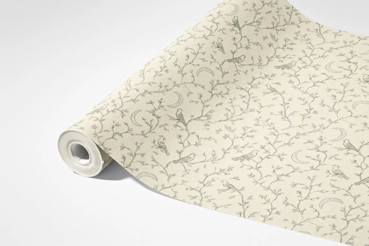 Crescent Moon and Songbird Mural Wallpaper — Vintage Line Art Mural Wallpaper - room preview 03