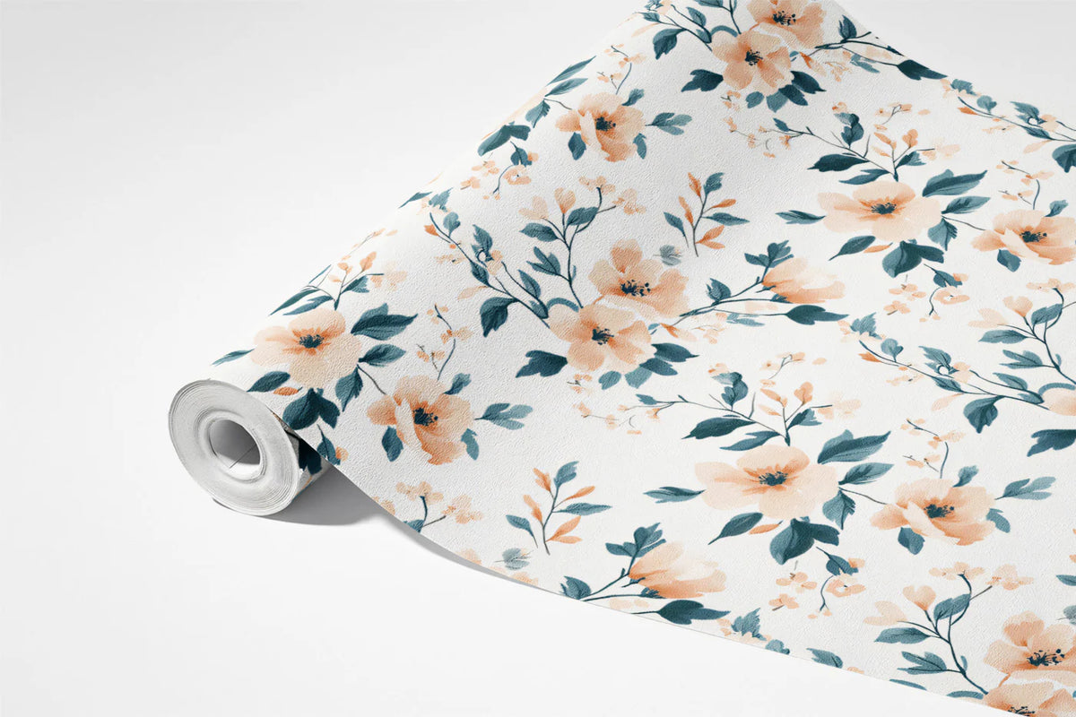 Watercolor Floral Mural Wallpaper in Peach and Teal Mural Wallpaper - room preview 03