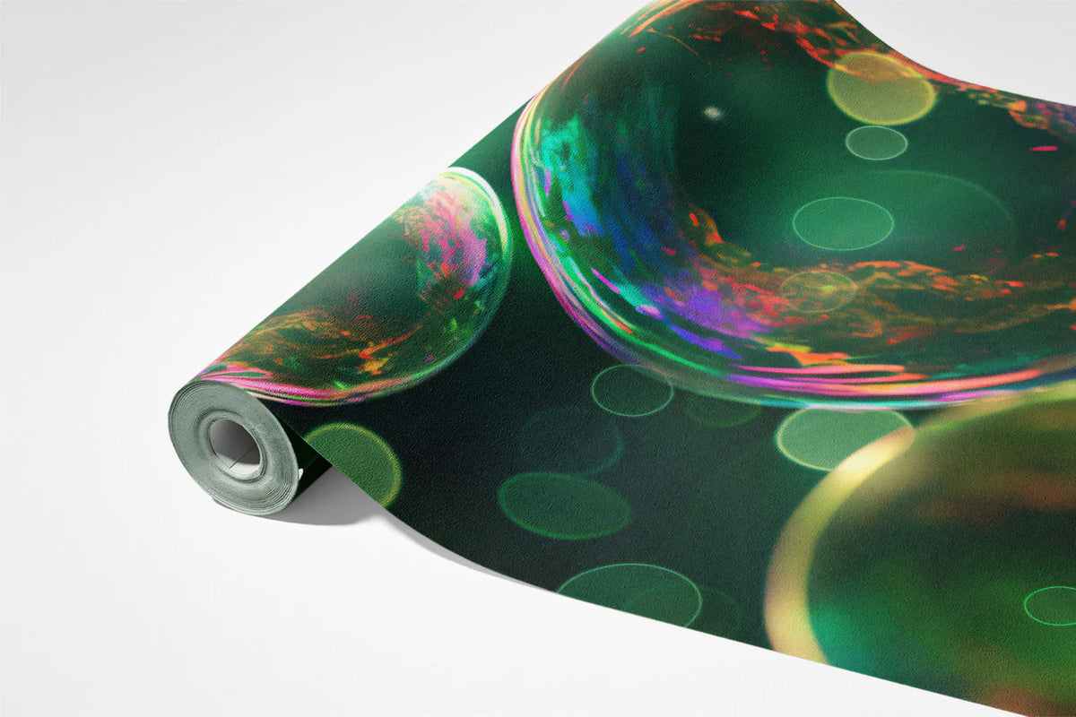 Iridescent Bubble Bokeh Mural Wallpaper — Ethereal Green Glow Mural Wallpaper - room preview 03