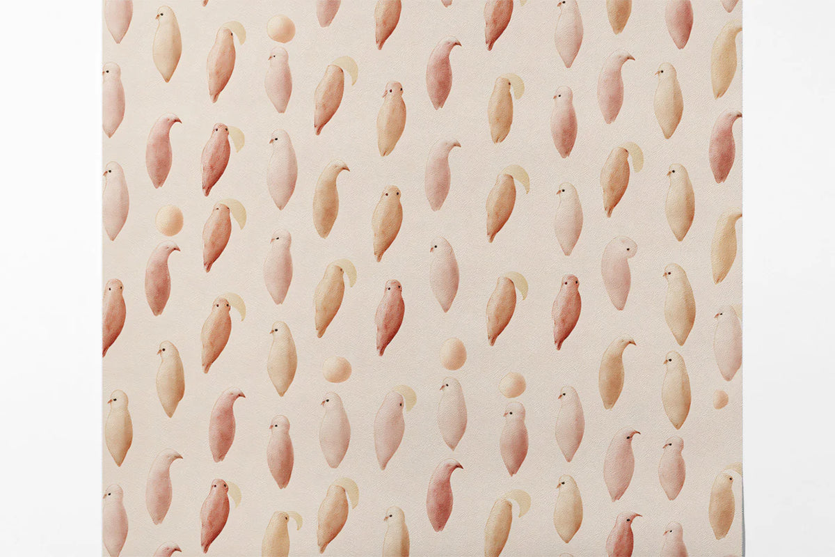 Watercolor Bird Pattern Mural Wallpaper in Muted Blush and Cream Mural Wallpaper - room preview 03