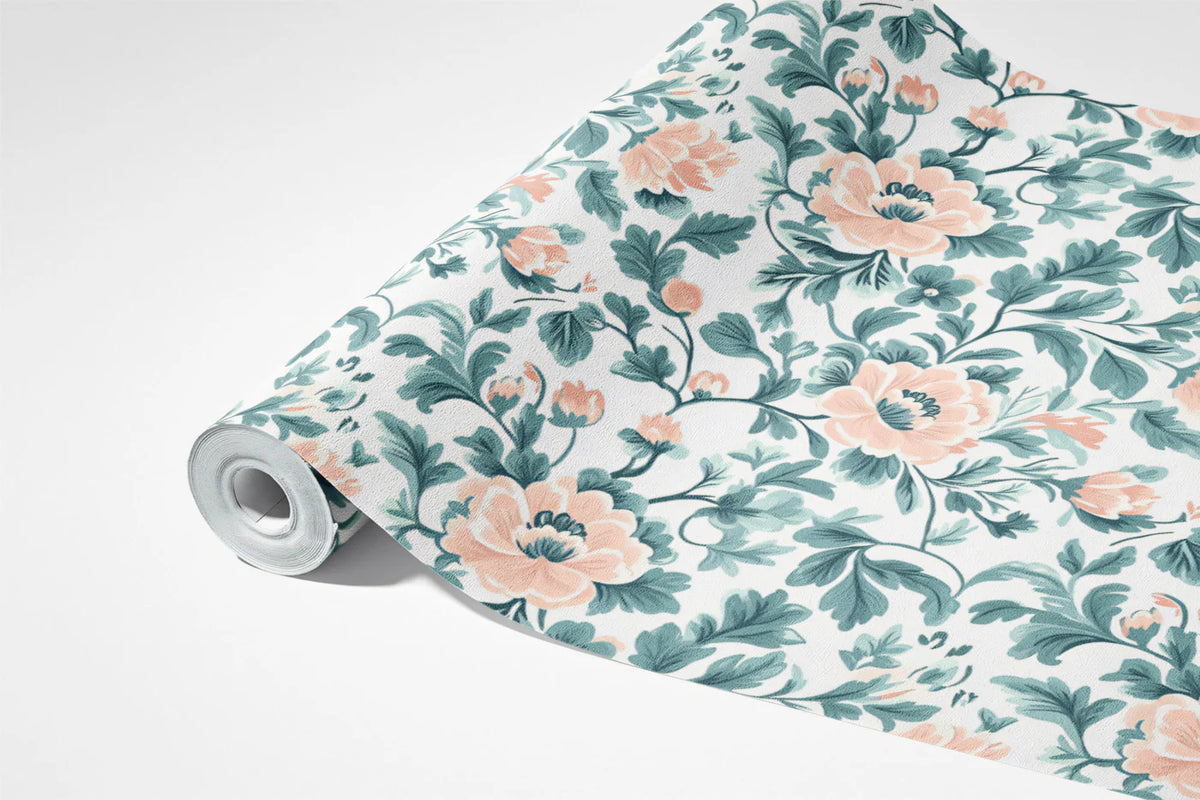 Vintage Peony Garden Mural Wallpaper — Soft Peach and Dusty Teal Mural Wallpaper - room preview 03
