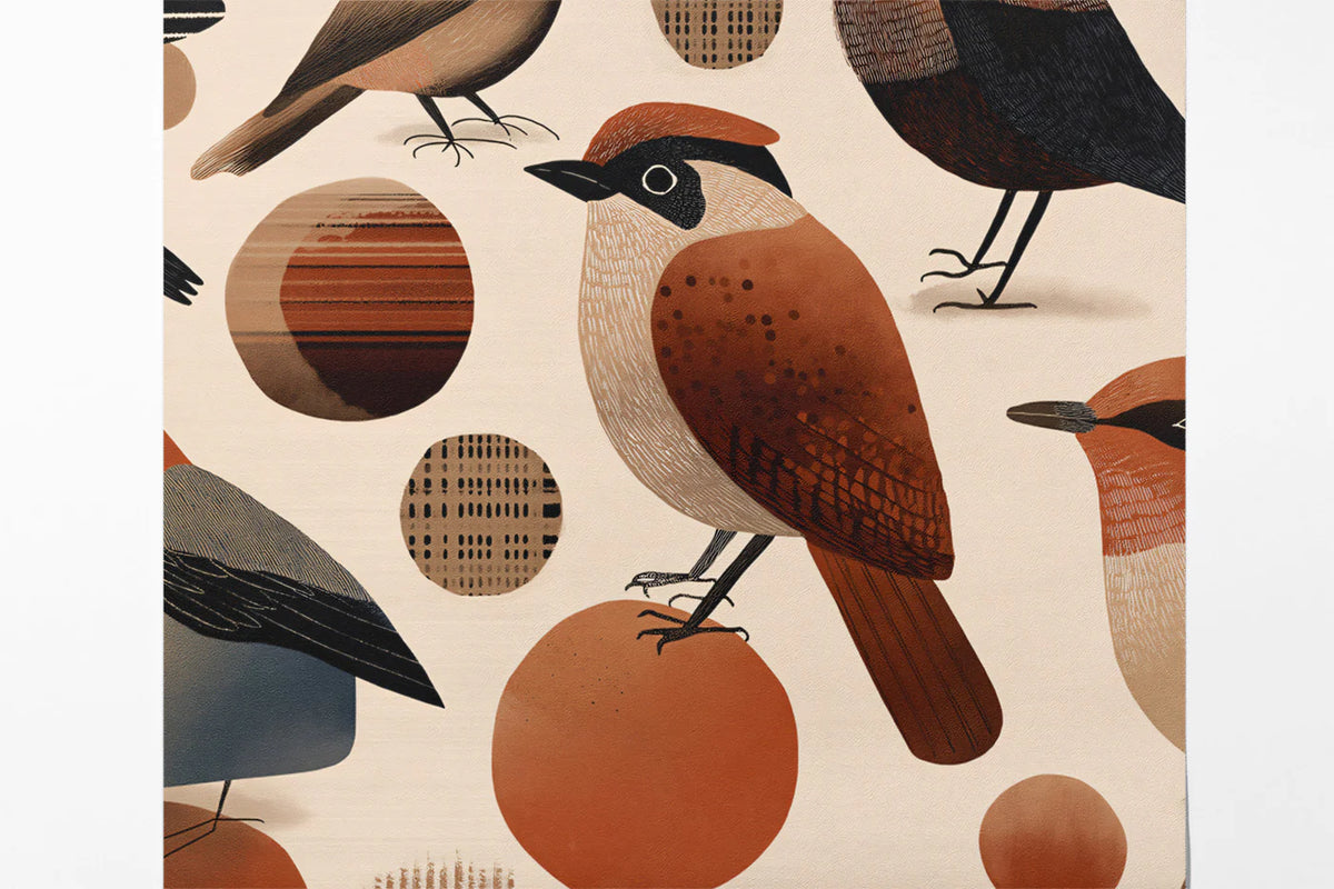 Modern Folk Bird Mural Wallpaper — Abstract Earthy Pattern Mural Wallpaper - room preview 03