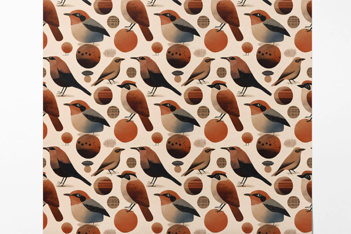 Folk Bird and Circle Mural Wallpaper — Whimsical Earthy Pattern Mural Wallpaper - room preview 03