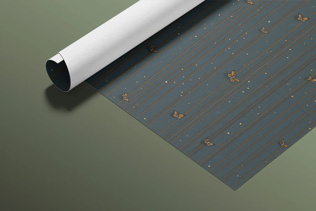 Minimalist Butterfly Mural Wallpaper — Dusty Blue and Gold Mural Wallpaper - room preview 03