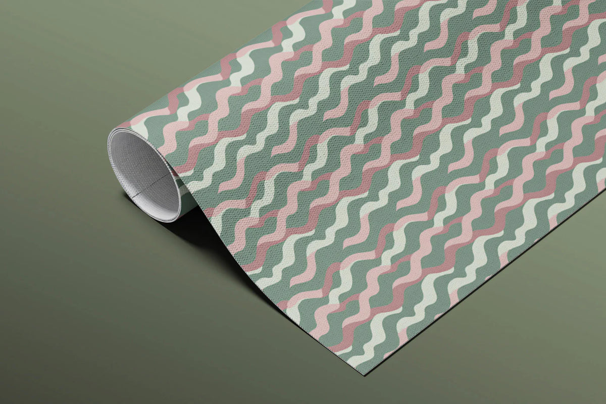 Wavy Vertical Stripe Mural Wallpaper — Soft Sage and Blush Mural Wallpaper - room preview 03