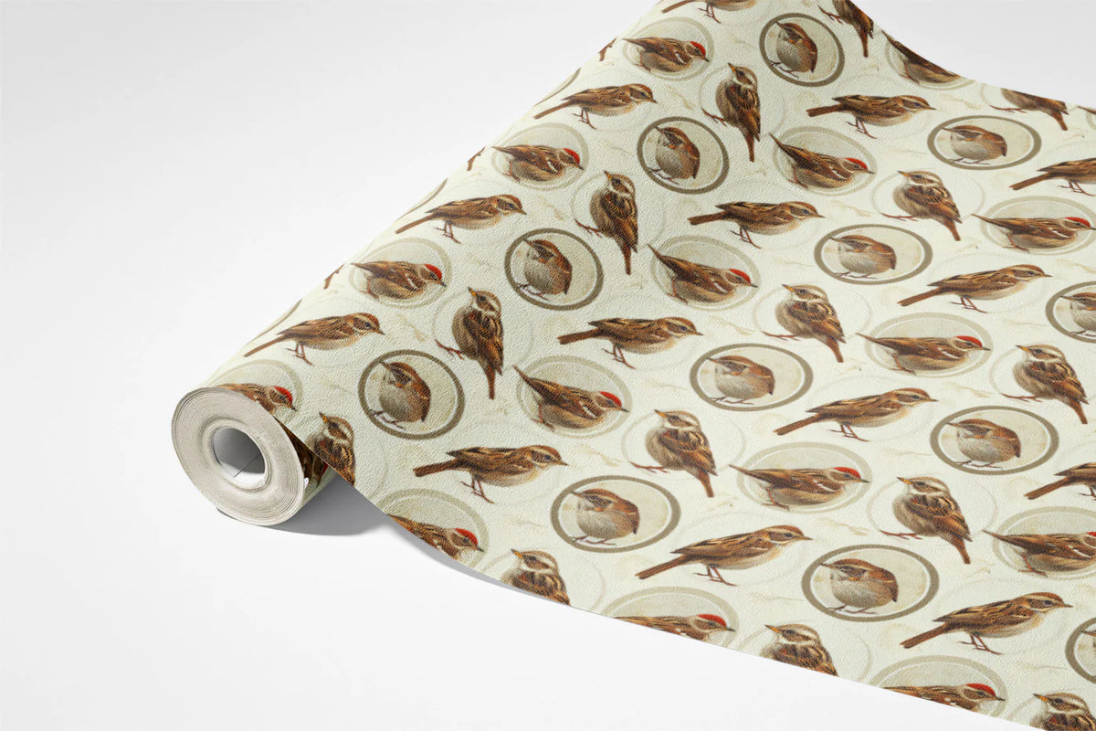Vintage Sparrow Medallion Mural Wallpaper — Classic Bird Design Mural Wallpaper - room preview 03