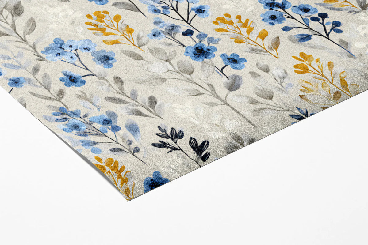 Watercolor Wildflower Mural Wallpaper — Blue and Ochre Floral Mural Wallpaper - room preview 03