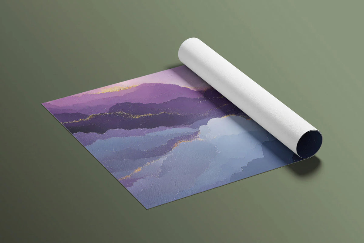 Celestial Peaks Mural Wallpaper — Abstract Purple and Gold Clouds Mural Wallpaper - room preview 03