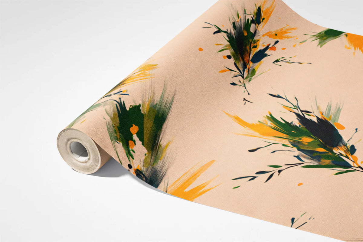 Abstract Botanical Mural Wallpaper — Ochre and Green Brushstrokes Mural Wallpaper - room preview 03