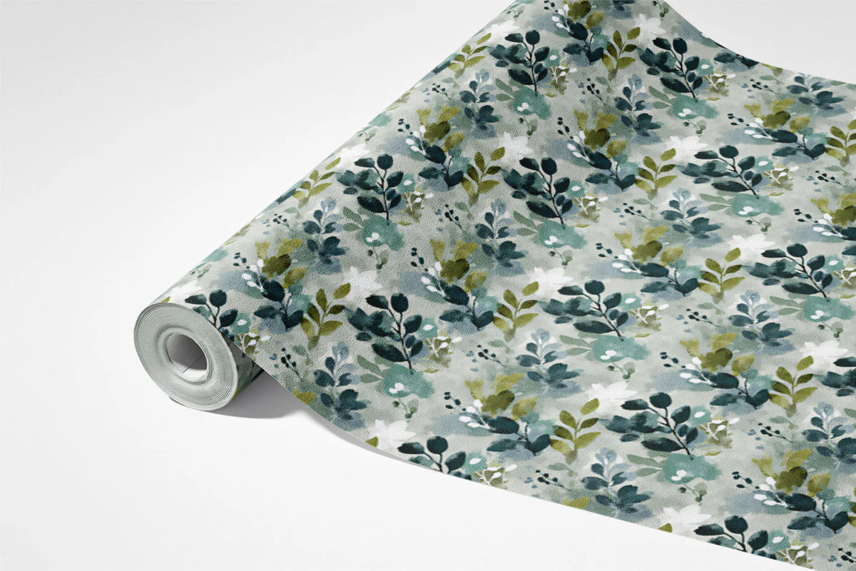 Abstract Botanical Leaf Mural Wallpaper — Muted Teal and Sage Green Mural Wallpaper - room preview 03