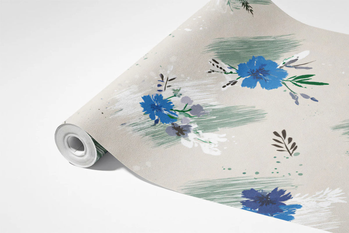 Abstract Painted Floral Mural Wallpaper — Sage and Cobalt Mural Wallpaper - room preview 03