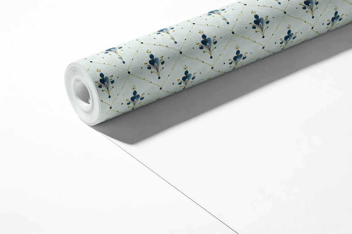 Modern Damask Mural Wallpaper — Soft Blue and Gold Lattice Mural Wallpaper - room preview 03