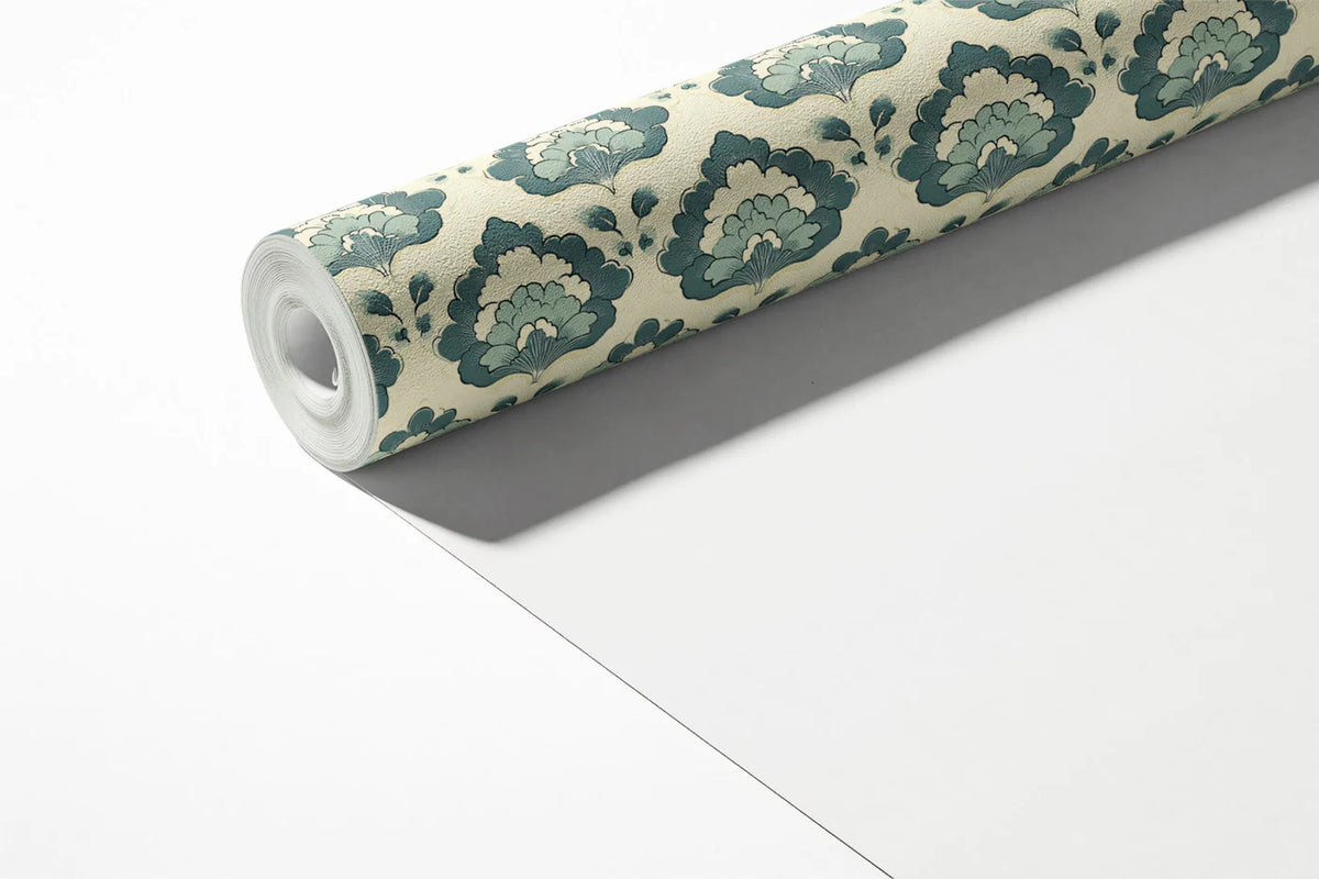 Vintage Damask Mural Wallpaper — Blue and Cream Floral Print Mural Wallpaper - room preview 03