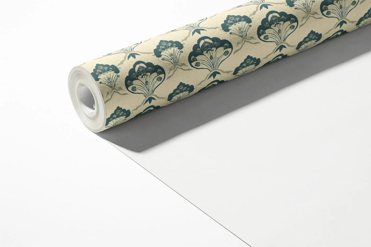 Art Nouveau Fan Floral Mural Wallpaper — Cream and Slate Blue Mural Wallpaper - room preview 03