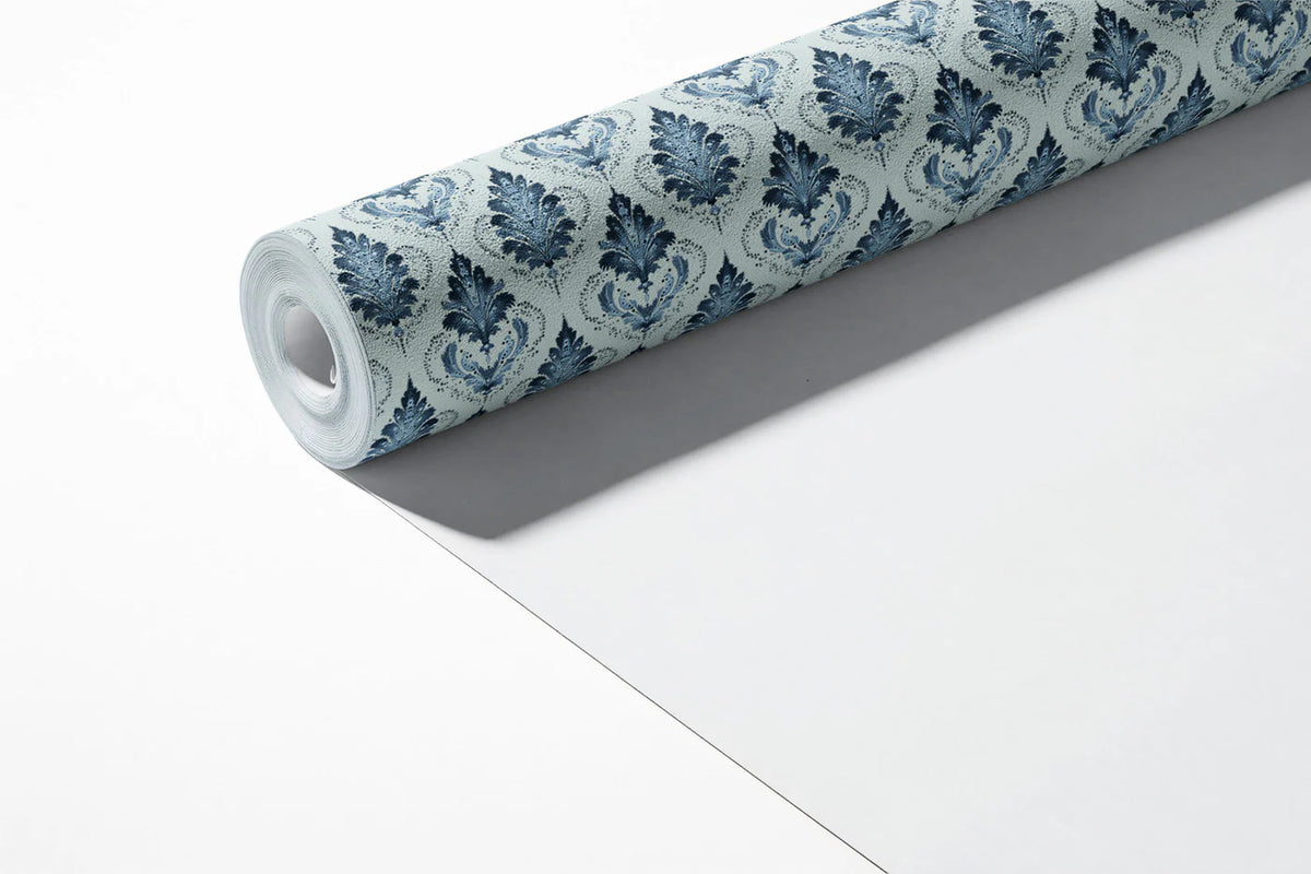 Traditional Damask Floral Mural Wallpaper — Cool Blue Leaf Pattern Mural Wallpaper - room preview 03