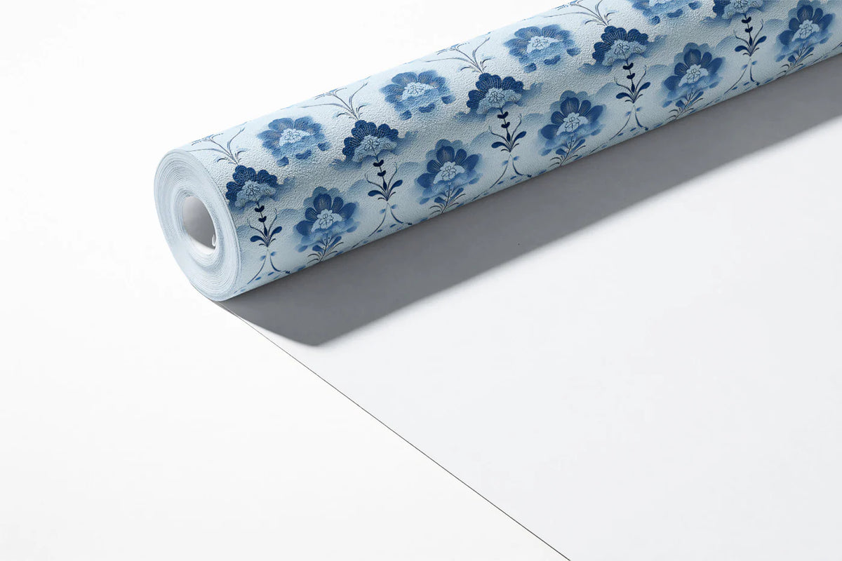 Delicate Damask Floral Mural Wallpaper — Soft Blue Pattern Mural Wallpaper - room preview 03