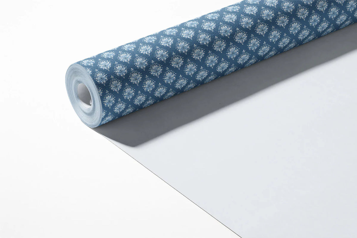 Heritage Blue Damask Mural Wallpaper — Traditional Floral Pattern Mural Wallpaper - room preview 03