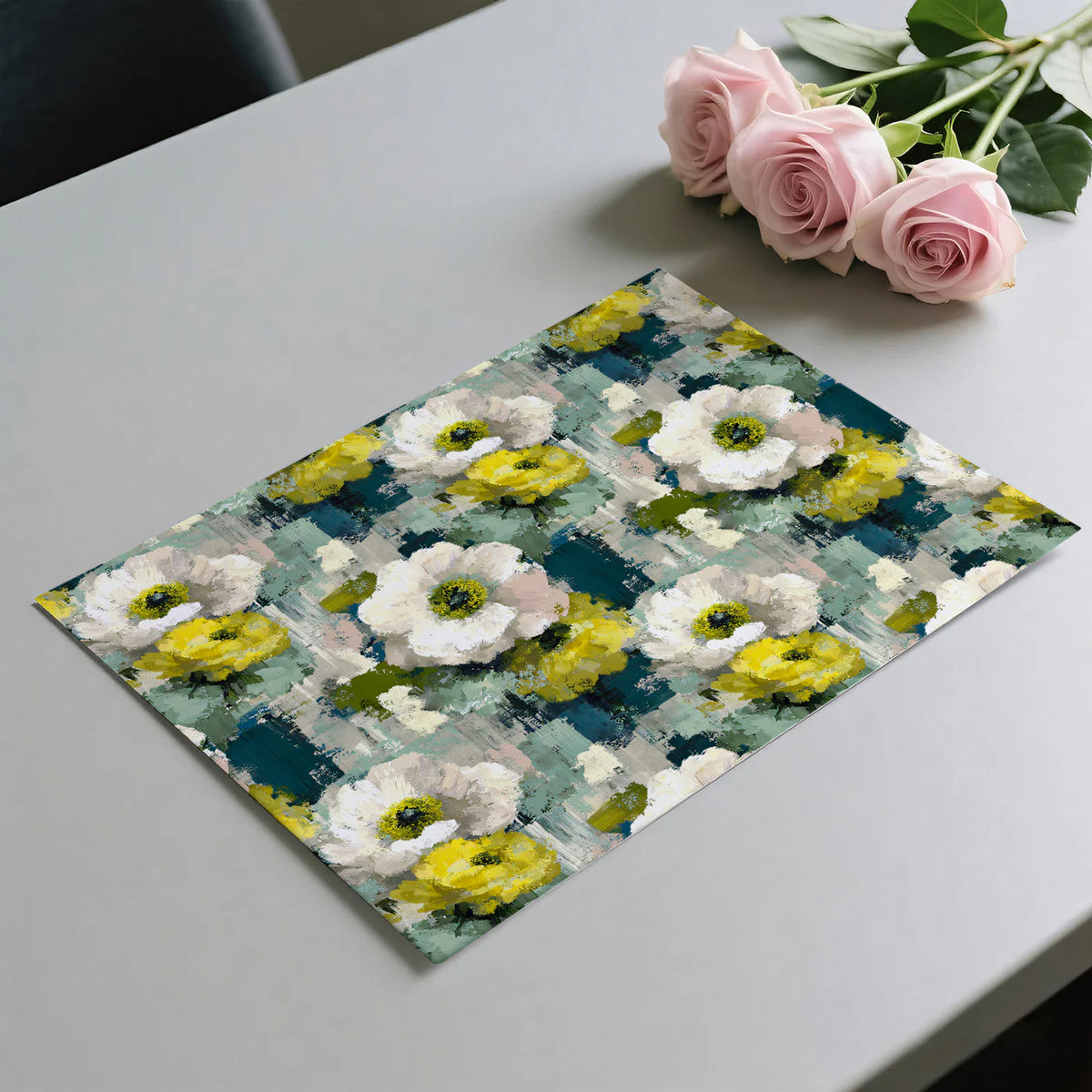 Abstract Floral Mural Wallpaper in Ochre and Teal Brushstrokes Mural Wallpaper - room preview 03