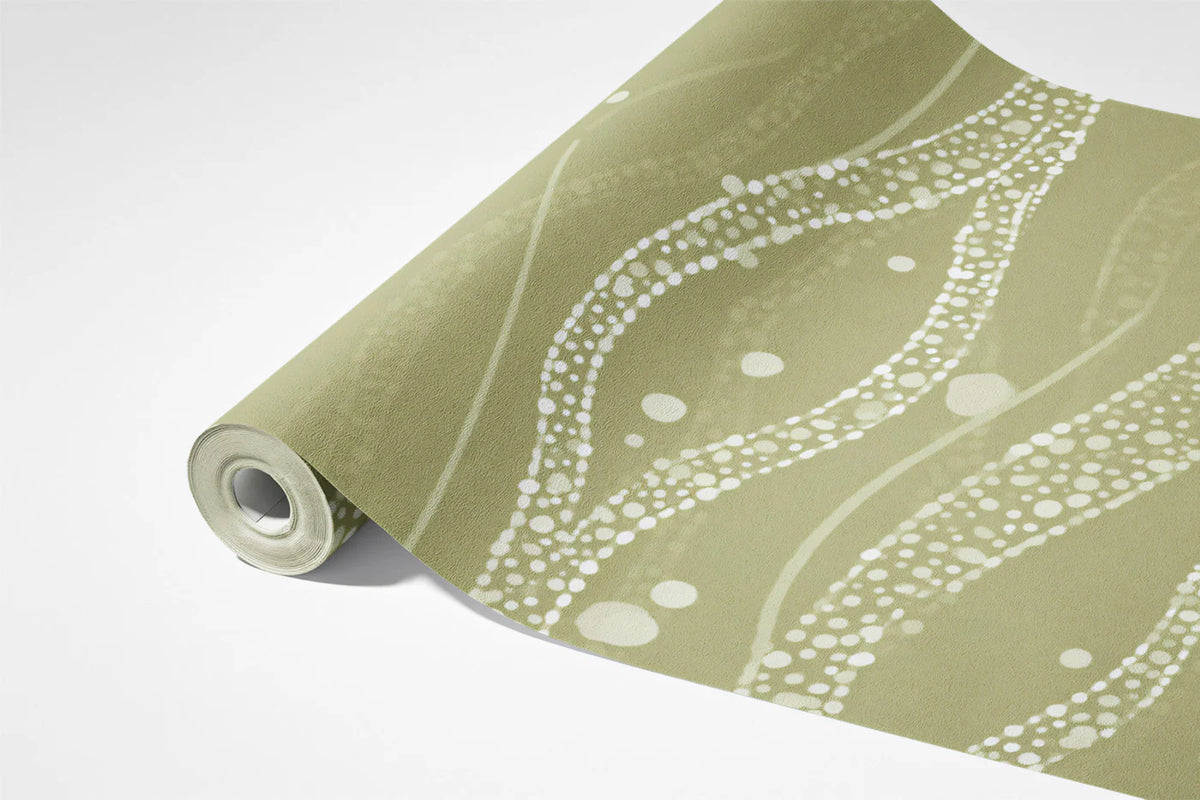 Olive Green Dotted Vine Mural Wallpaper — Organic Flowing Pattern Mural Wallpaper - room preview 03