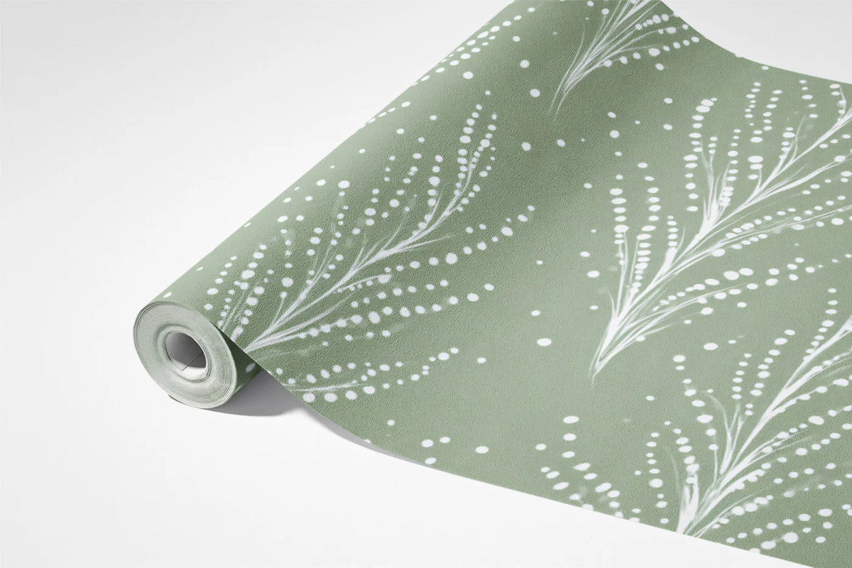Dotted Fern Frond Mural Wallpaper — Sage Minimalist Botanical Mural Wallpaper - room preview 03
