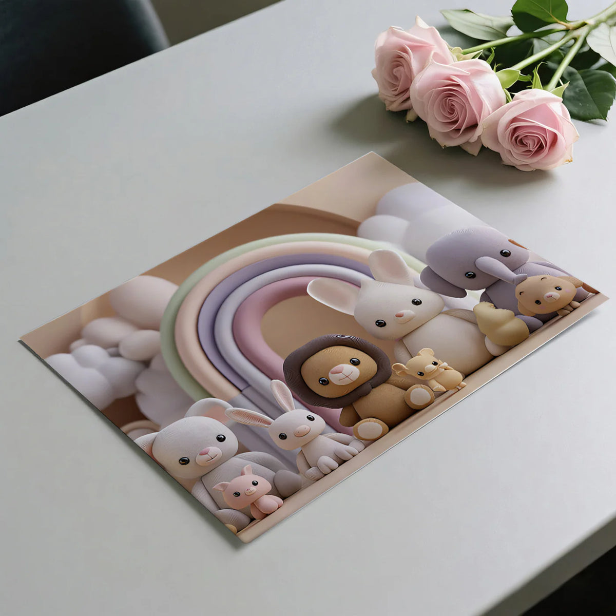 Knitted Plushie Animal Mural Wallpaper — Soft Pastel Rainbow Mural Wallpaper - room preview 03