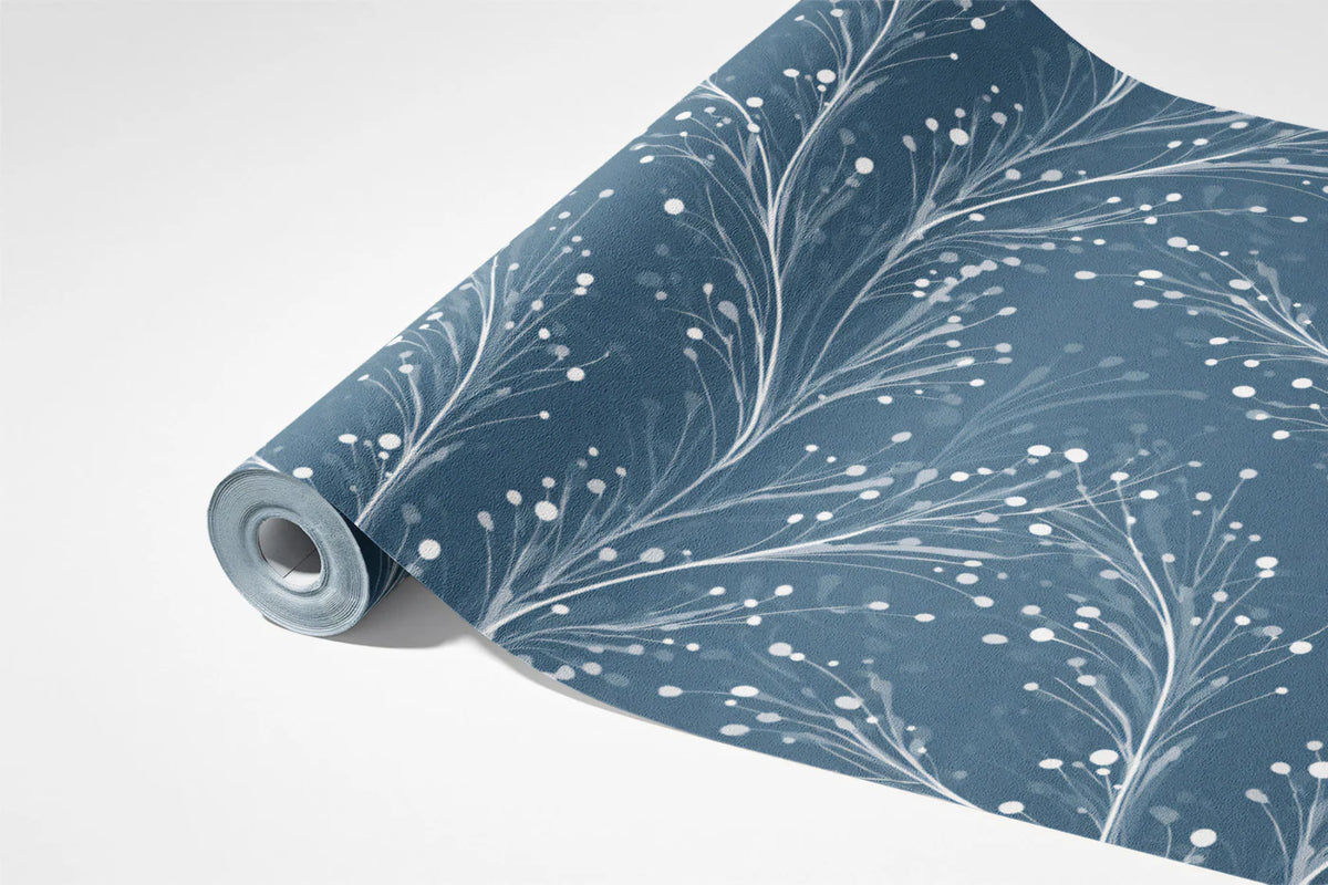Winter Frost Botanical Mural Wallpaper — Blue and White Sprigs Mural Wallpaper - room preview 03