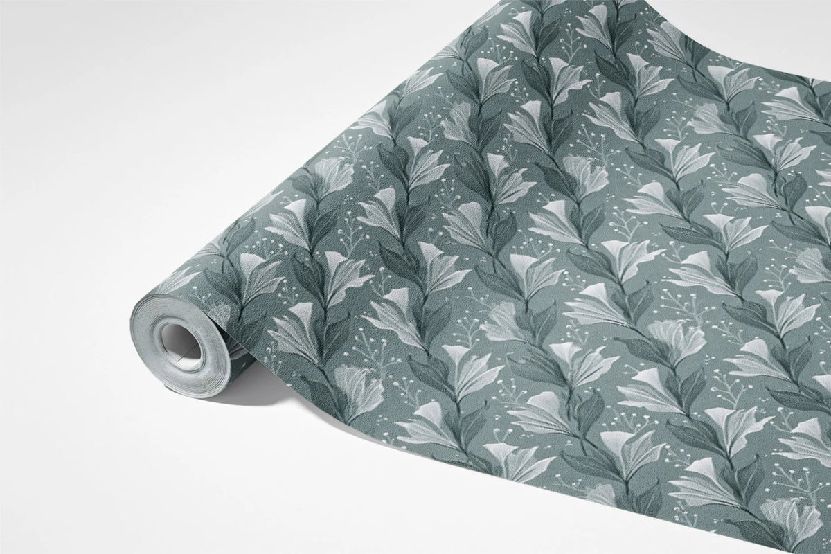 Diagonal Lily Floral Mural Wallpaper — Muted Teal and Gray Mural Wallpaper - room preview 03