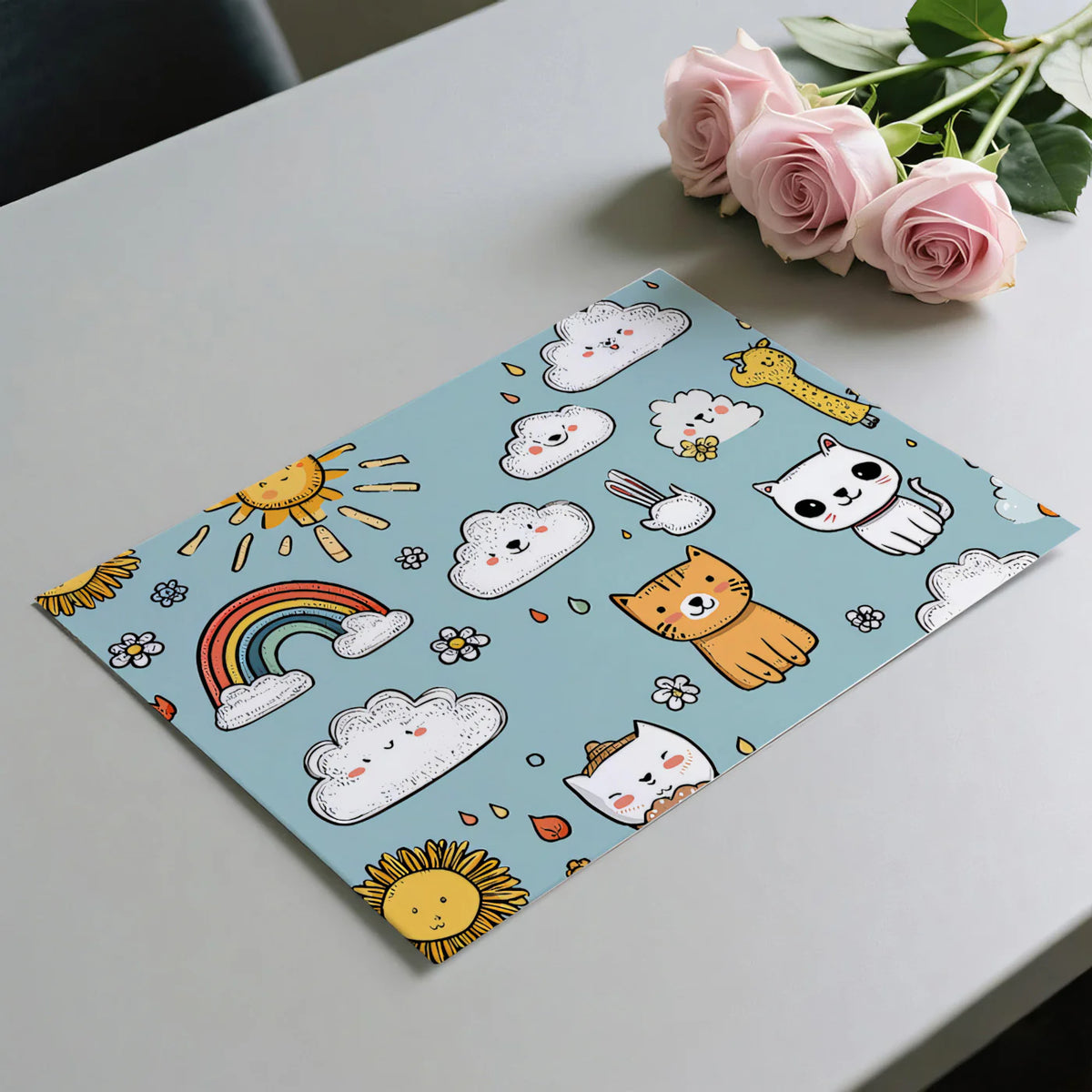 Doodle Animal Friends Mural Wallpaper — Whimsical Sky Blue Design Mural Wallpaper - room preview 03