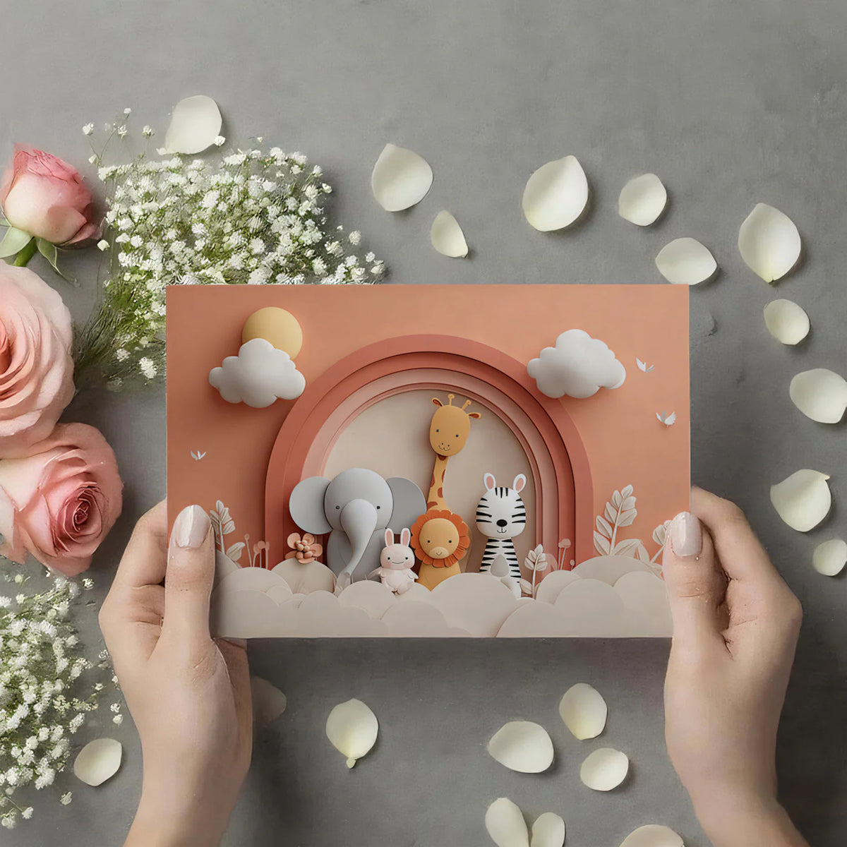 Safari Friends Rainbow Mural Wallpaper — Soft Paper-Cut Aesthetic Mural Wallpaper - room preview 03