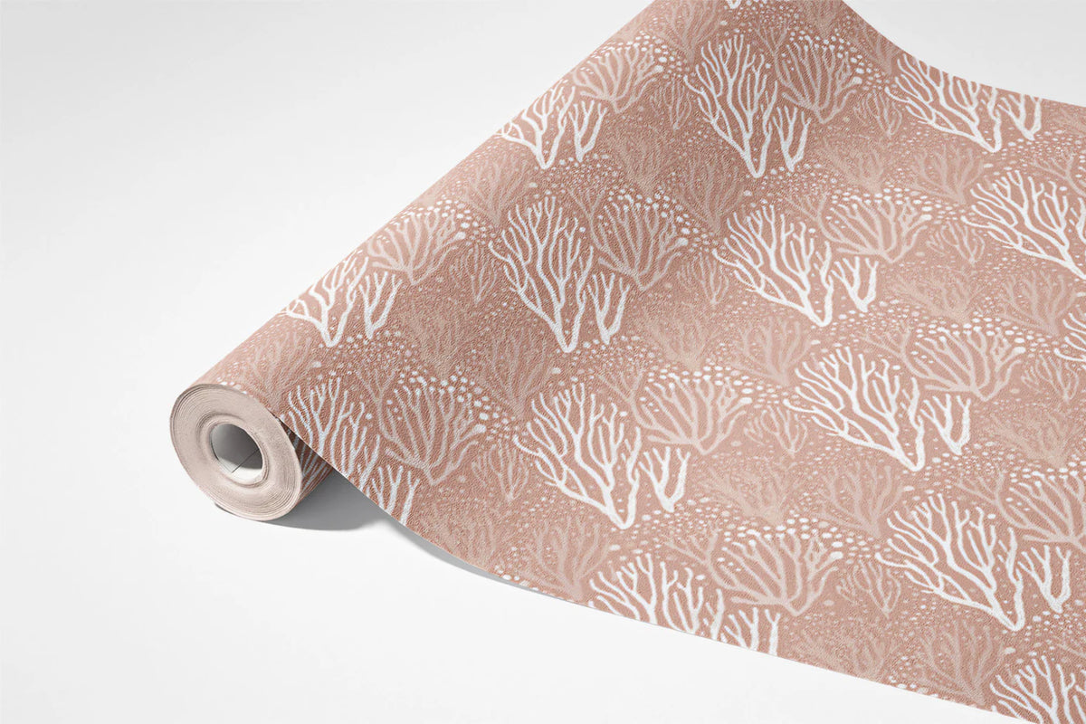 Stylized Coral Reef Mural Wallpaper — Dusty Rose and White Mural Wallpaper - room preview 03